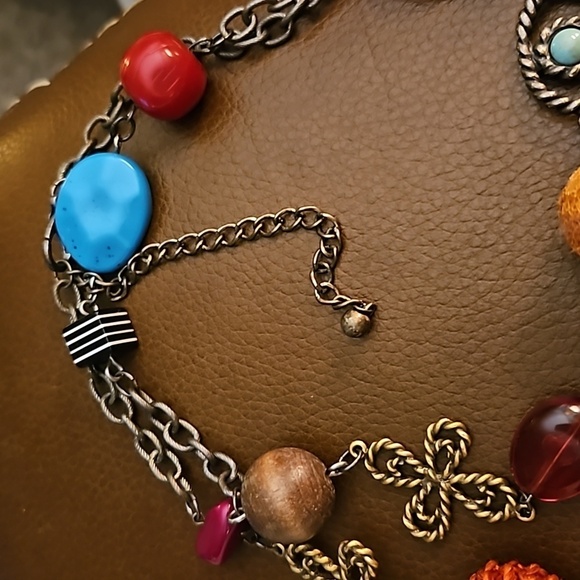 CHICO'S Bronze Whimsical Multicolor Rainbow Artsy Beaded Chain Necklace - Picture 6 of 8